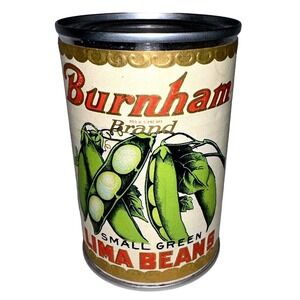 Burnham Brand Small Green Lima Beans Vintage Advertising Tin Can Collectible